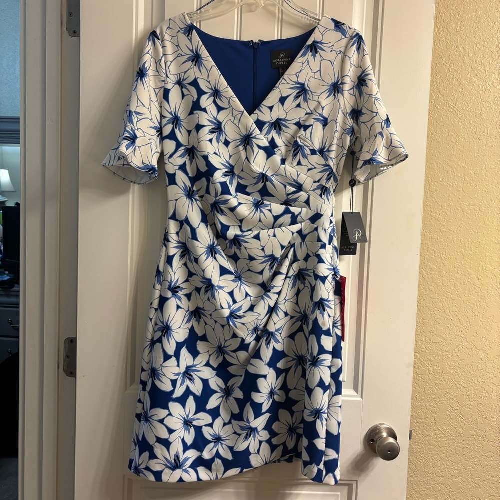 Adrianna Papell White and Blue Ruched Wrap Mini Dress